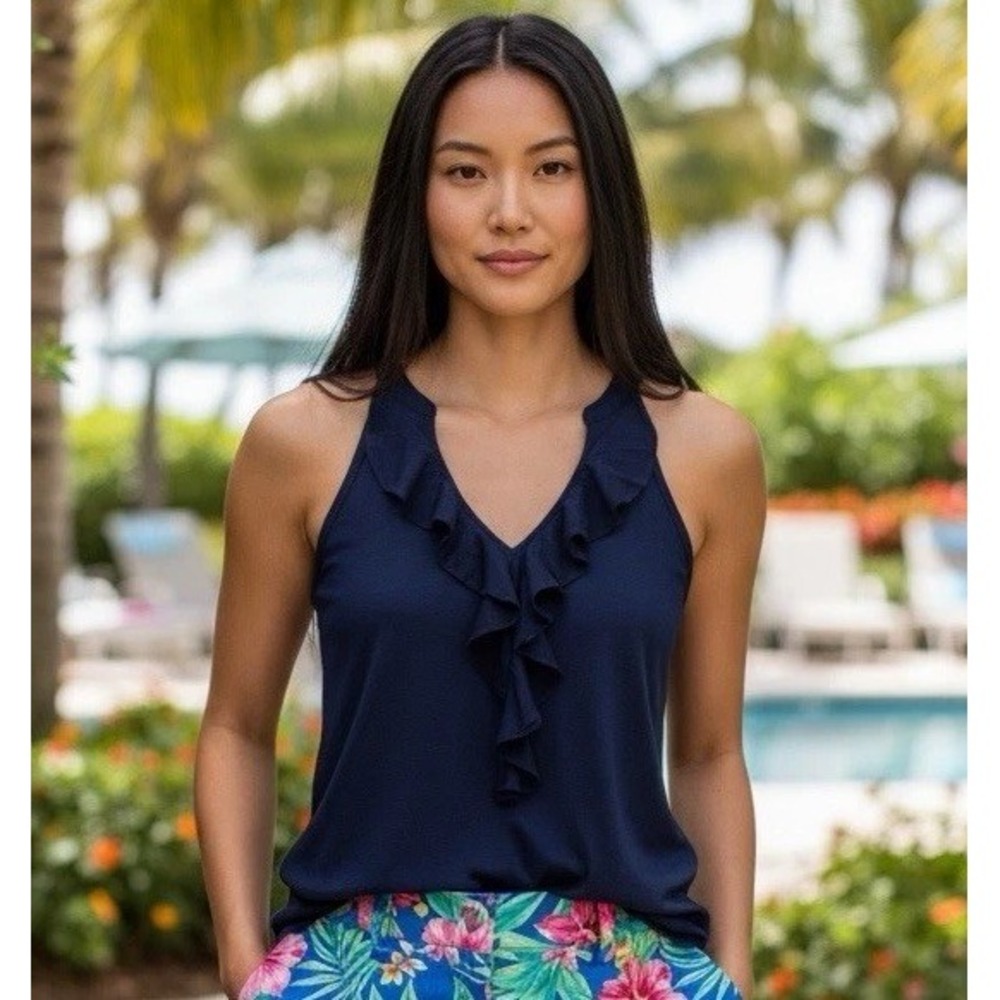 New Lilly Pulitzer Small Shay Top Paradise Tint Navy Women Size S Pima Ruffle